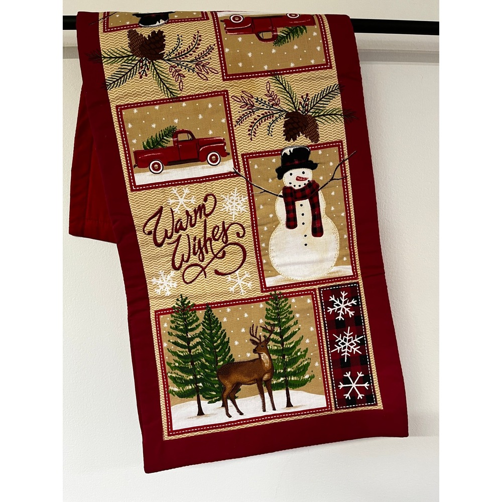 St Nicholas Square Christmas Table Runner Warm Wishes Red Truck Snowman 13x35
